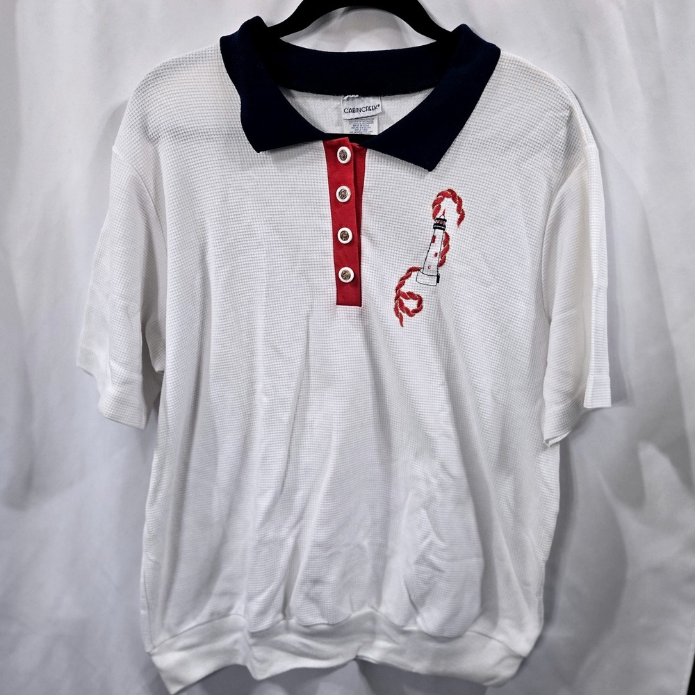 Cabin Creek 2XL Polo‎ Shirt Mens Nautical Lighthouse Embroidered Top 90s Casual